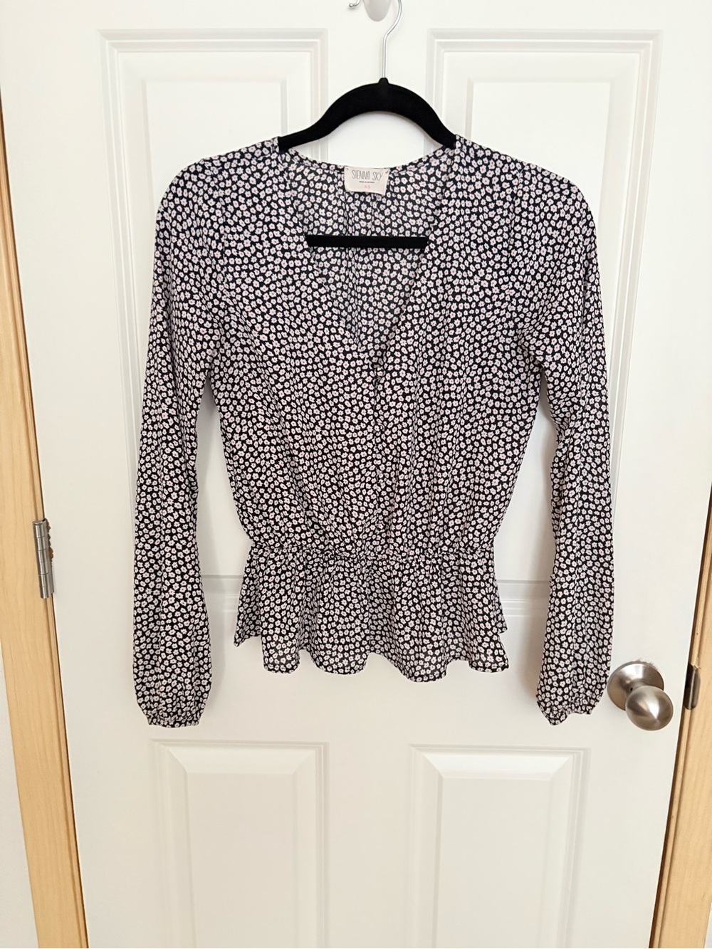 Sienna Sky Navy Blue and White Ditsy Dot Peplum Top